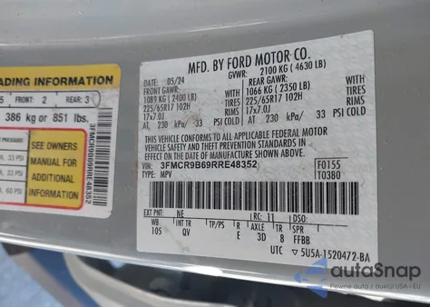 2024 Ford Bronco Sport Big Bend z USA, uszkodzony, nr VIN 3FMCR9B69RRE48352